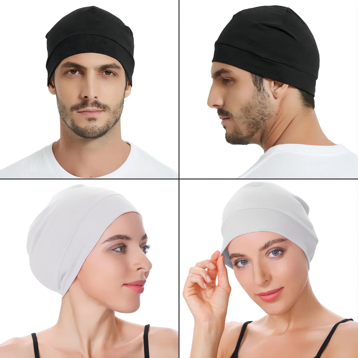 Cotton Skull Cap 4 Pack Thin Cancer Chemo Hat Beanies for Men Women,2 Black,Grey,White