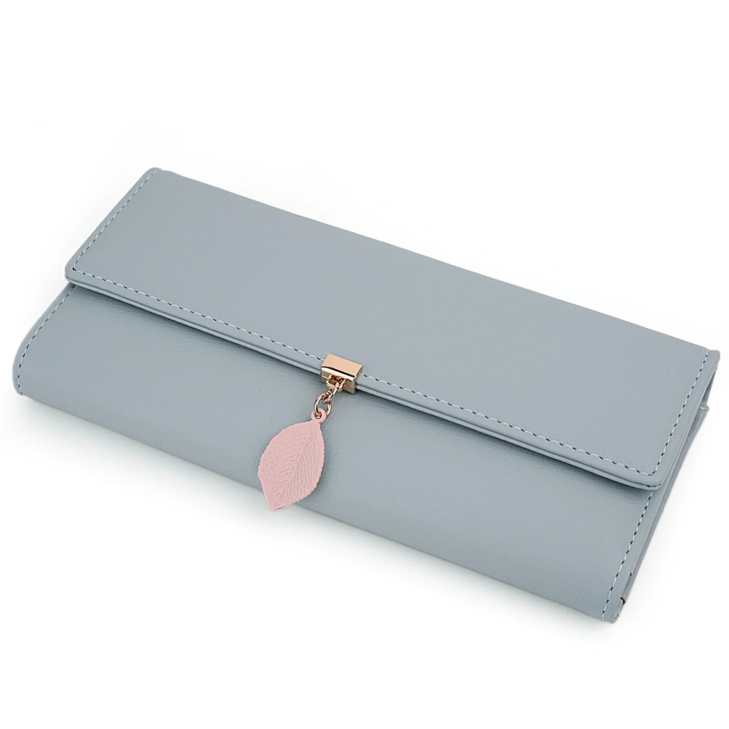 Womens Wallet PU Leather RFID Blocking Card Holder Elegant Zipper Coin Purse Leaf Pendant(Light Blue)